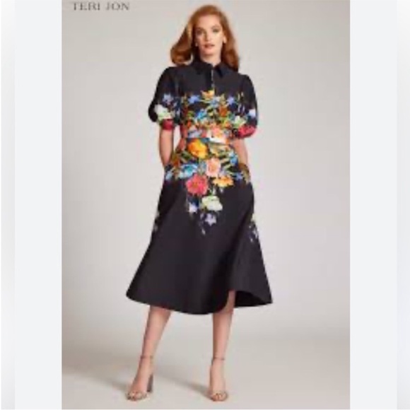 Rickie Freeman for Teri Jon Black Floral Midi Dress Size 12 - Picture 5 of 12